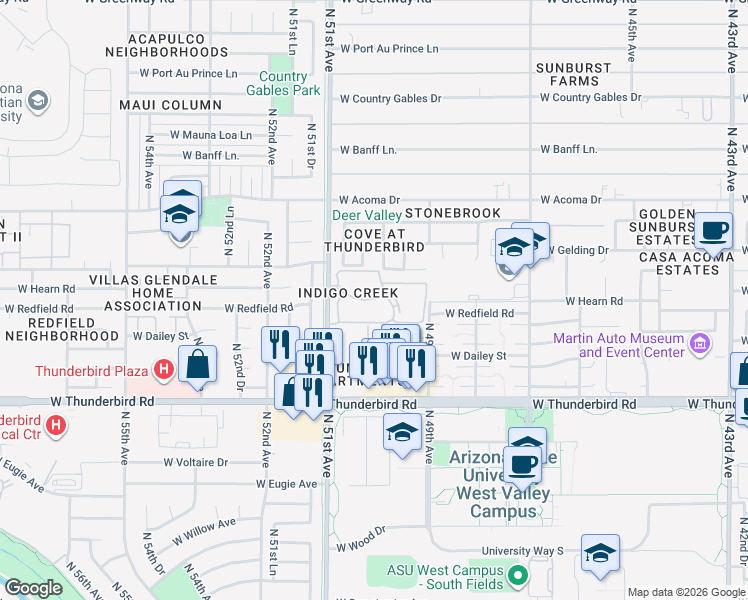 map of restaurants, bars, coffee shops, grocery stores, and more near 36 West Crocus Drive in Glendale