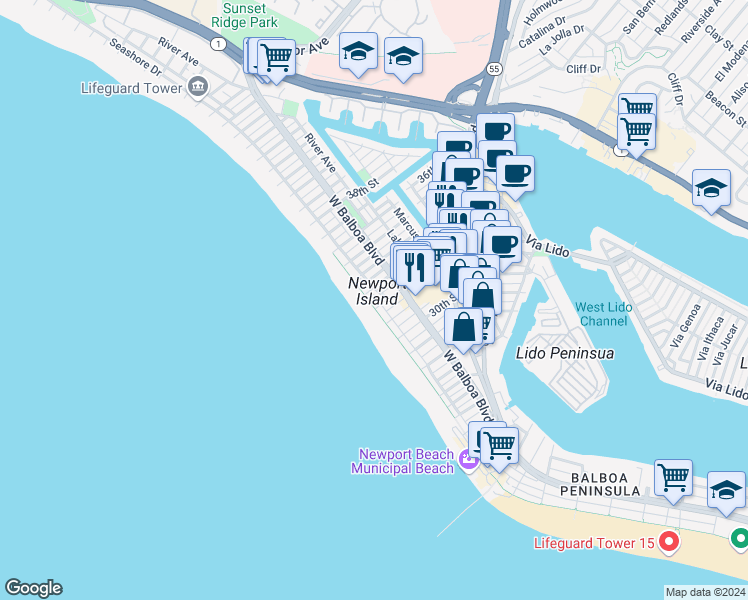map of restaurants, bars, coffee shops, grocery stores, and more near 3206 West Oceanfront in Newport Beach