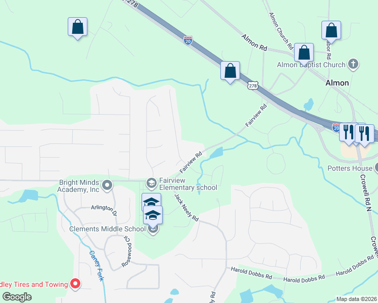 map of restaurants, bars, coffee shops, grocery stores, and more near 3484 Fairview Road in Covington