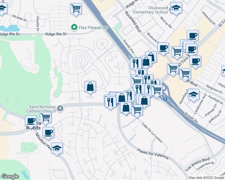 map of restaurants, bars, coffee shops, grocery stores, and more near 2049 Via Mariposa East in Laguna Woods
