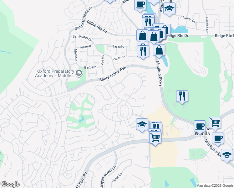 map of restaurants, bars, coffee shops, grocery stores, and more near 3067 Via Serena North in Laguna Woods