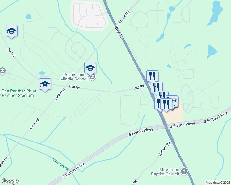 map of restaurants, bars, coffee shops, grocery stores, and more near 7155-7200 Hall Road in Fairburn