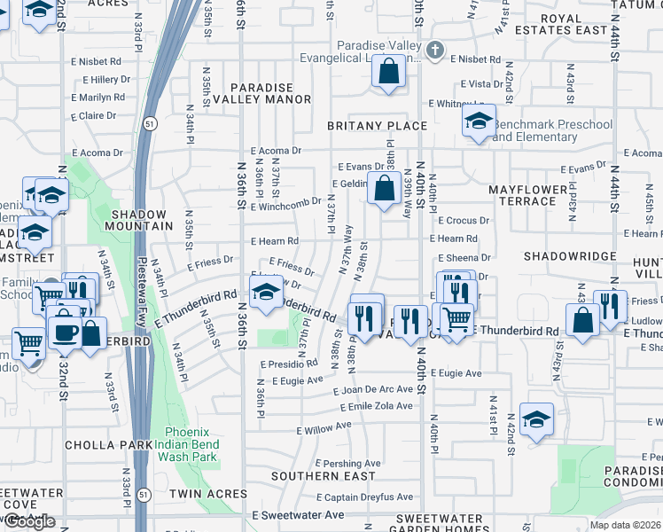 map of restaurants, bars, coffee shops, grocery stores, and more near 14036 North 37th Place in Phoenix