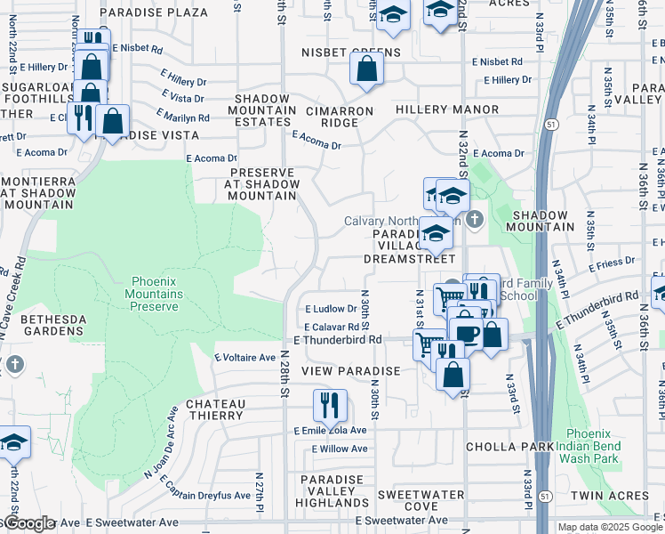 map of restaurants, bars, coffee shops, grocery stores, and more near 2902 East Redfield Road in Phoenix