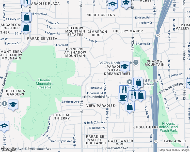 map of restaurants, bars, coffee shops, grocery stores, and more near 2902 East Redfield Road in Phoenix