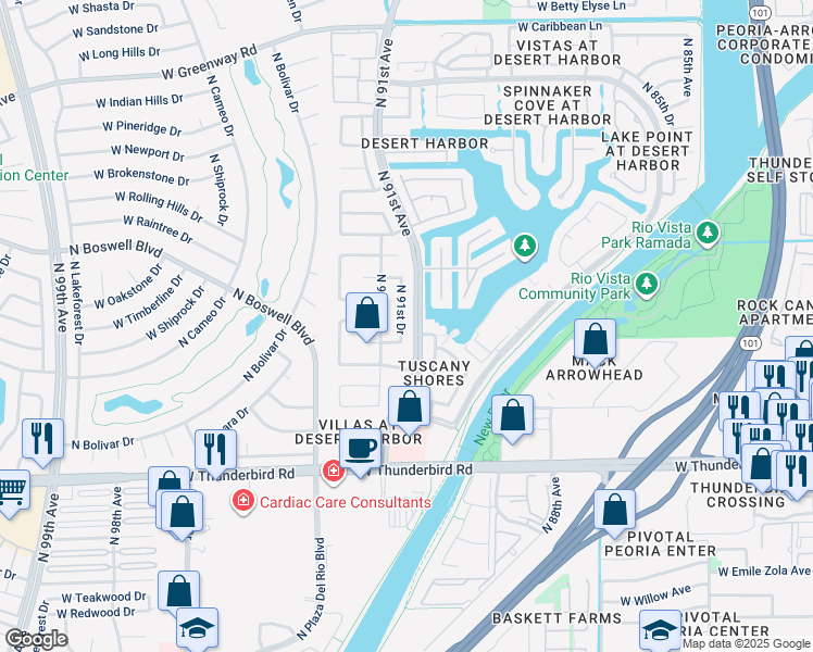map of restaurants, bars, coffee shops, grocery stores, and more near 14253 North 91st Drive in Peoria