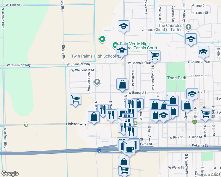 map of restaurants, bars, coffee shops, grocery stores, and more near 346 North Solano Avenue in Blythe