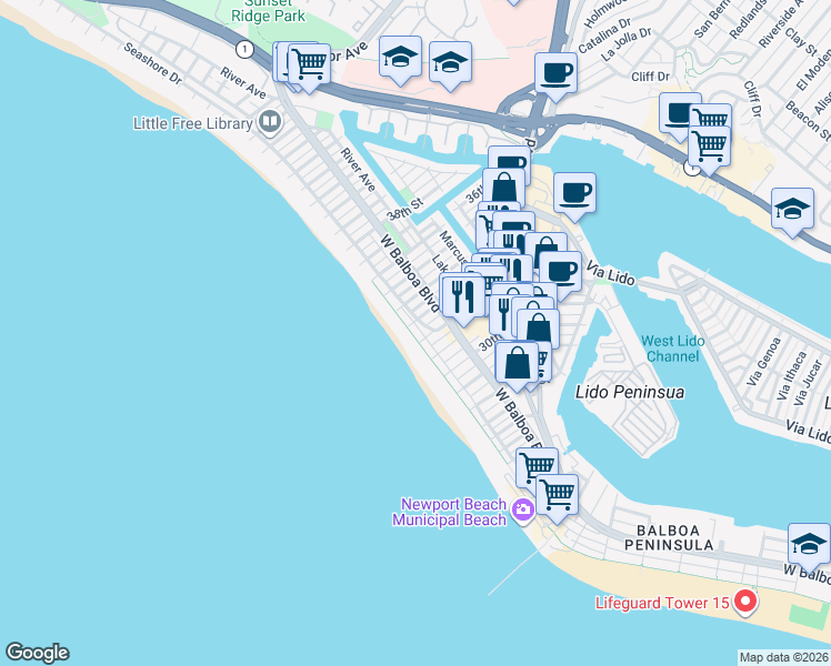 map of restaurants, bars, coffee shops, grocery stores, and more near 3312 West Oceanfront in Newport Beach