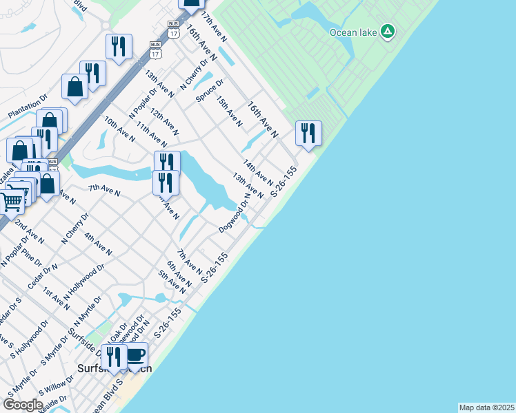 map of restaurants, bars, coffee shops, grocery stores, and more near 117 13th Avenue North in Surfside Beach