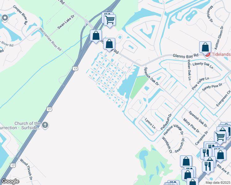 map of restaurants, bars, coffee shops, grocery stores, and more near 2226 Clearwater Drive in Surfside Beach