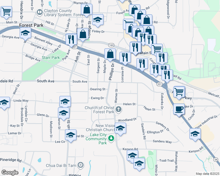 map of restaurants, bars, coffee shops, grocery stores, and more near 1015 South Avenue in Forest Park
