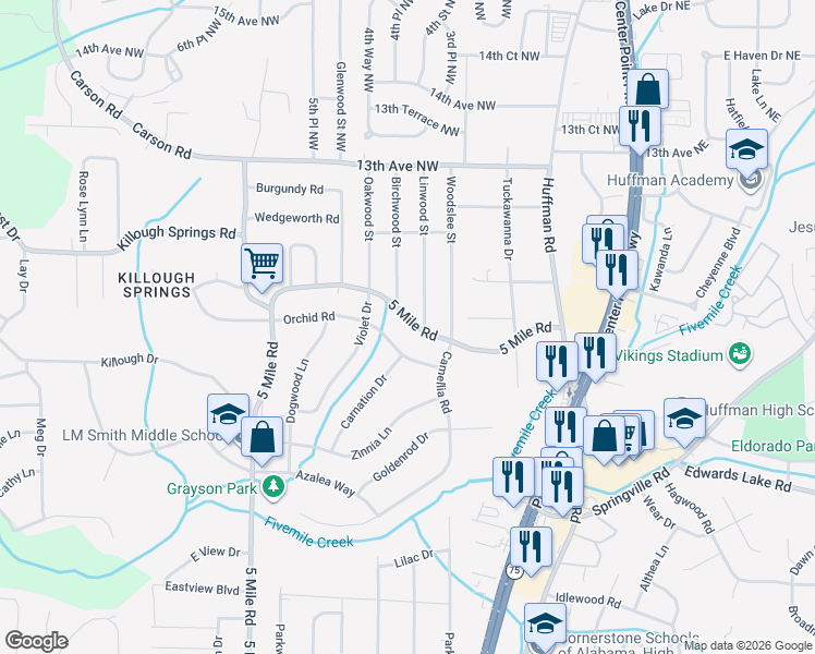 map of restaurants, bars, coffee shops, grocery stores, and more near 1316 5 Mile Road in Birmingham