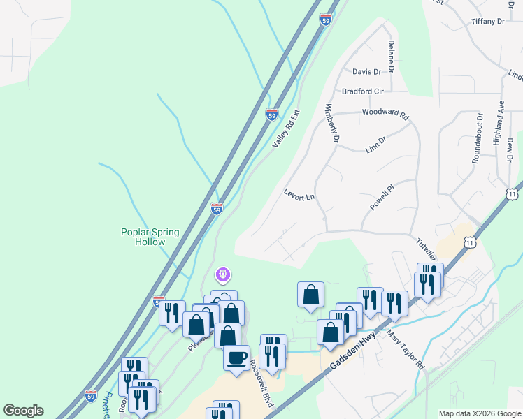 map of restaurants, bars, coffee shops, grocery stores, and more near 451 Woodward Road in Trussville