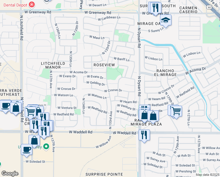 map of restaurants, bars, coffee shops, grocery stores, and more near 13294 West Crocus Drive in Surprise