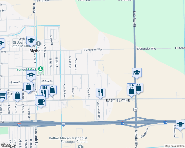 map of restaurants, bars, coffee shops, grocery stores, and more near West Barnard Street in Blythe