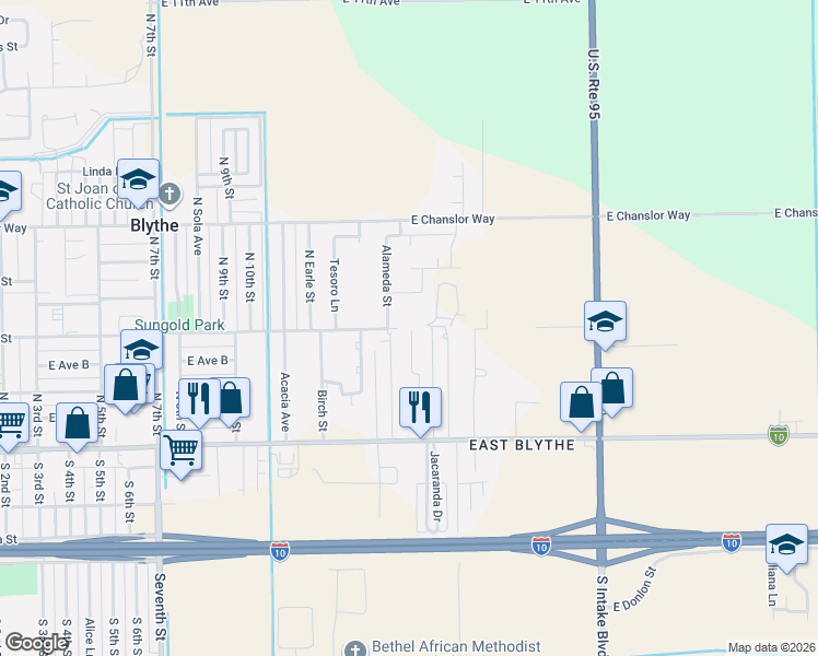 map of restaurants, bars, coffee shops, grocery stores, and more near 351 Alameda Street in Blythe