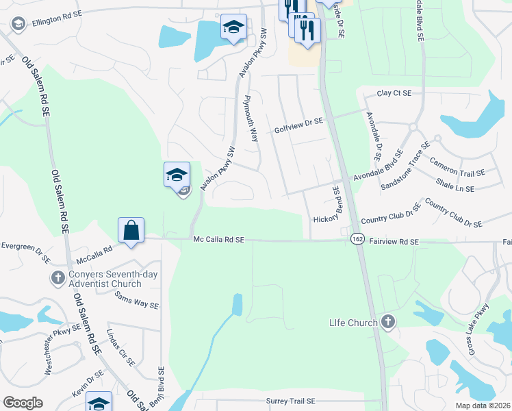 map of restaurants, bars, coffee shops, grocery stores, and more near 3148 Baywood Court in Conyers