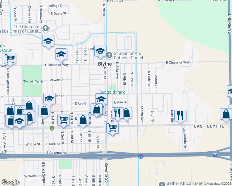 map of restaurants, bars, coffee shops, grocery stores, and more near 301 North Sola Avenue in Blythe