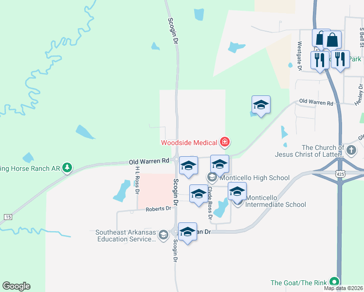map of restaurants, bars, coffee shops, grocery stores, and more near 536 Southern Oaks in Monticello