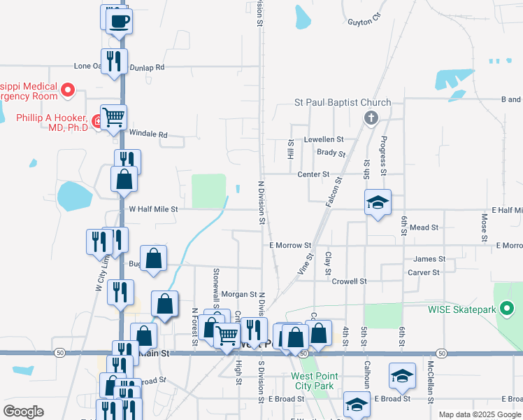 map of restaurants, bars, coffee shops, grocery stores, and more near 10 West Half Mile Street in West Point
