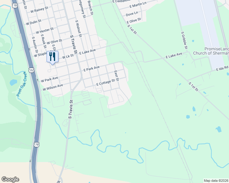 map of restaurants, bars, coffee shops, grocery stores, and more near 418 East Sherman Street in Sherman