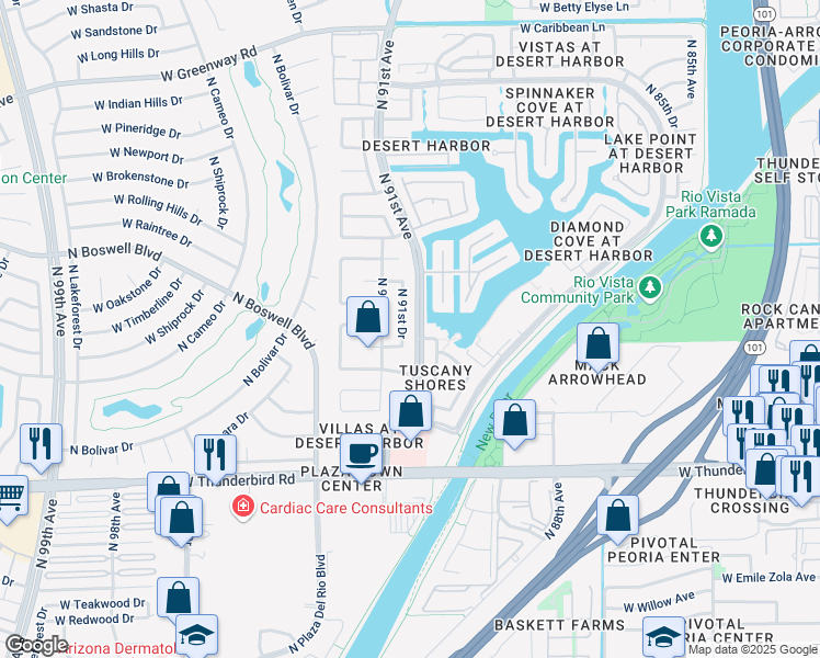 map of restaurants, bars, coffee shops, grocery stores, and more near 14253 North 91st Drive in Peoria