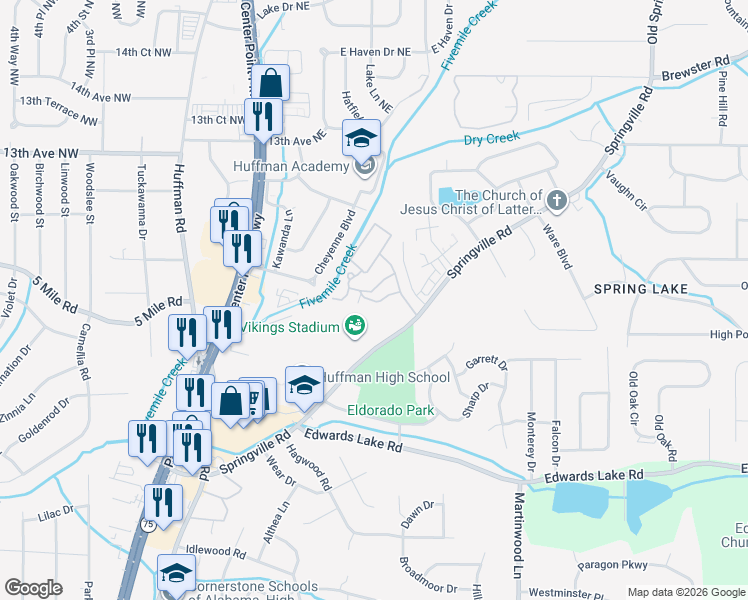 map of restaurants, bars, coffee shops, grocery stores, and more near 1105 Spring Villa Circle in Birmingham