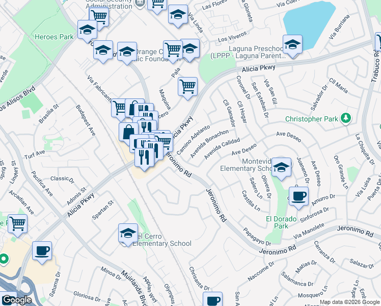 map of restaurants, bars, coffee shops, grocery stores, and more near 26051 Avenida Bonachon in Mission Viejo