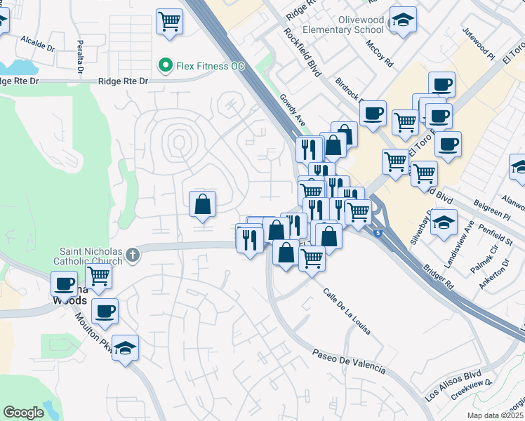 map of restaurants, bars, coffee shops, grocery stores, and more near 2092 Ronda Granada in Laguna Woods