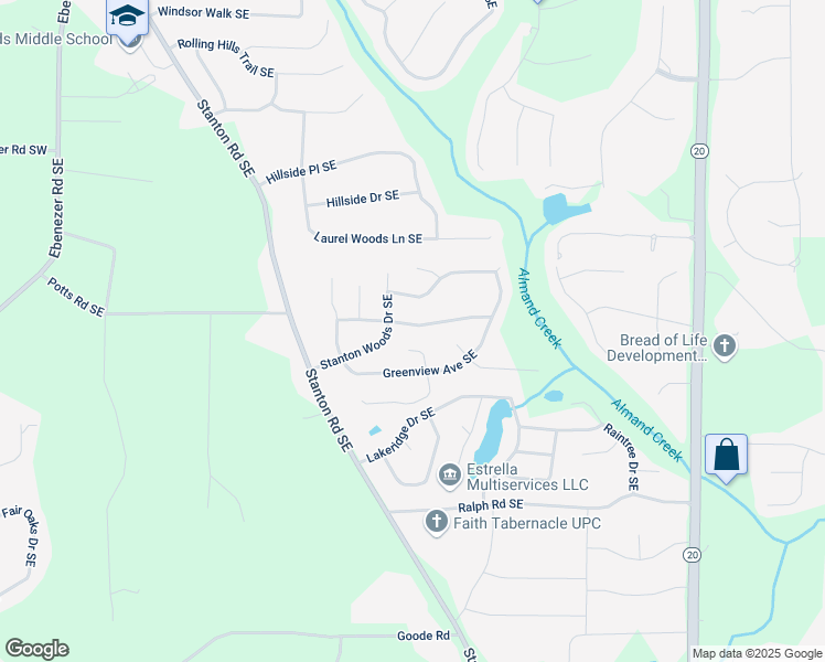 map of restaurants, bars, coffee shops, grocery stores, and more near 613 Almand Branch Road Southeast in Conyers
