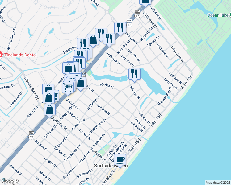 map of restaurants, bars, coffee shops, grocery stores, and more near 614 Cedar Drive North in Surfside Beach