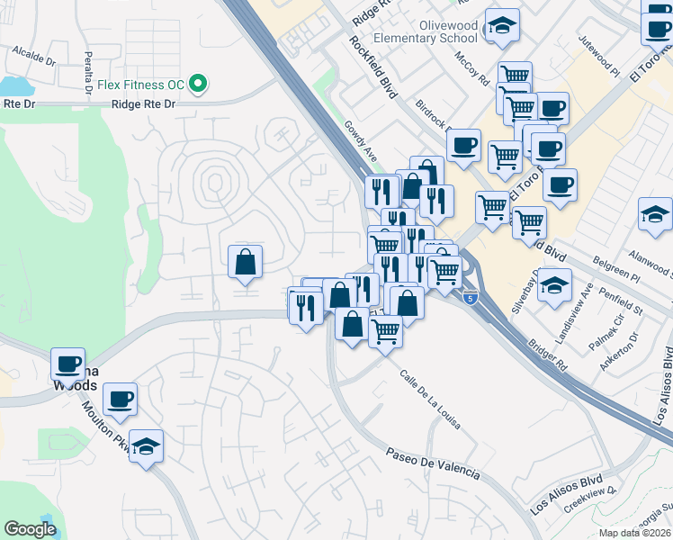 map of restaurants, bars, coffee shops, grocery stores, and more near 2089 Ronda Granada in Laguna Woods