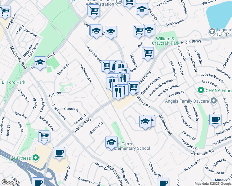 map of restaurants, bars, coffee shops, grocery stores, and more near 24010 Vía Fabricante in Mission Viejo