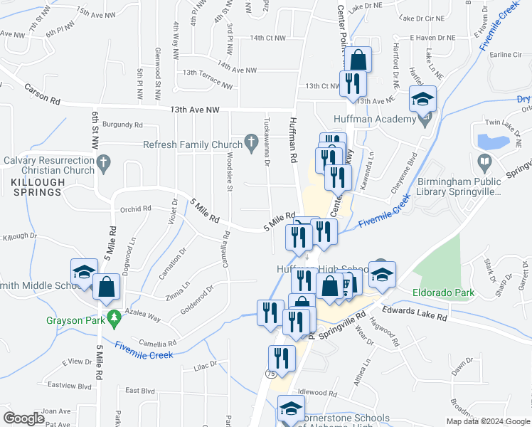 map of restaurants, bars, coffee shops, grocery stores, and more near 1110 Tuckawanna Drive in Center Point