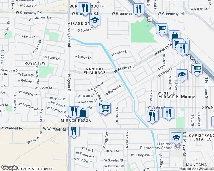 map of restaurants, bars, coffee shops, grocery stores, and more near 12813 West Crocus Drive in El Mirage
