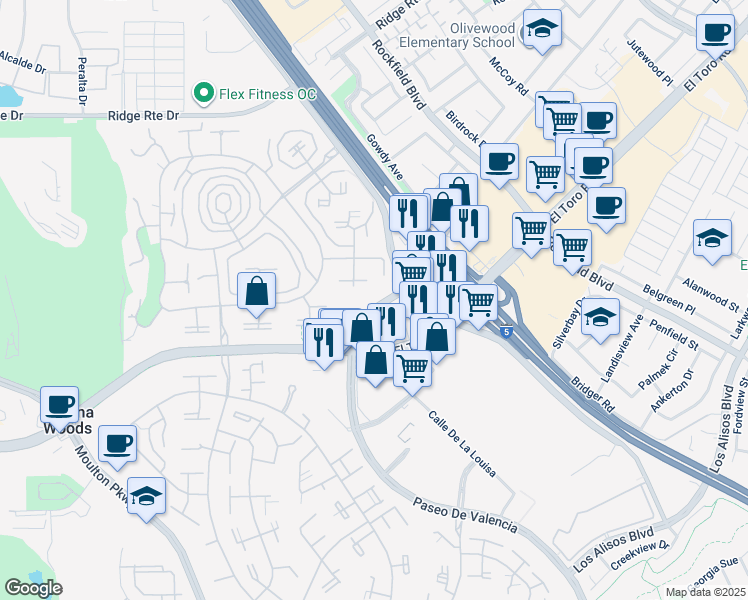 map of restaurants, bars, coffee shops, grocery stores, and more near 2085 Ronda Granada in Laguna Woods
