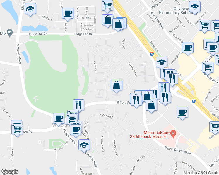 map of restaurants, bars, coffee shops, grocery stores, and more near 2174 Via Mariposa East in Laguna Woods