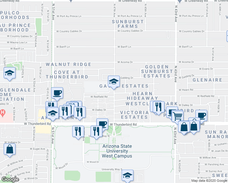 map of restaurants, bars, coffee shops, grocery stores, and more near 14218 North 47th Avenue in Glendale