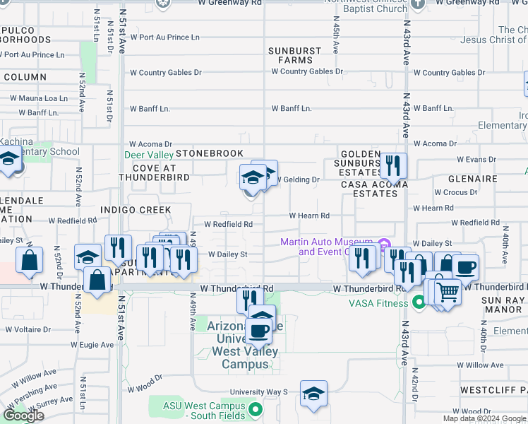 map of restaurants, bars, coffee shops, grocery stores, and more near 14218 North 47th Avenue in Glendale