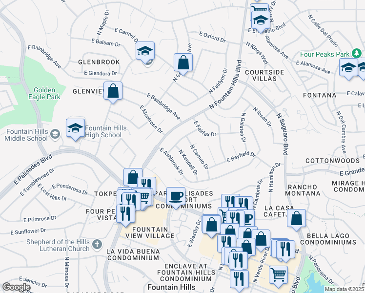 map of restaurants, bars, coffee shops, grocery stores, and more near 14037 North Brunswick Drive in Fountain Hills