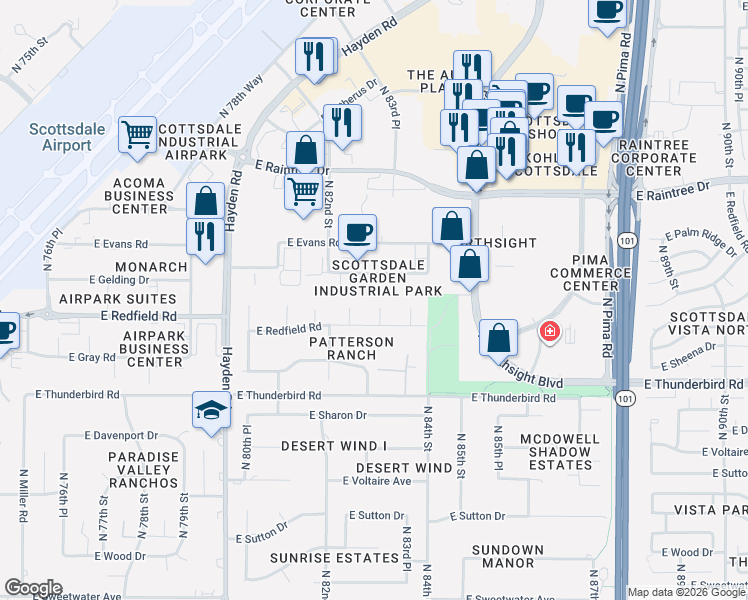 map of restaurants, bars, coffee shops, grocery stores, and more near 8321 East Gelding Drive in Scottsdale