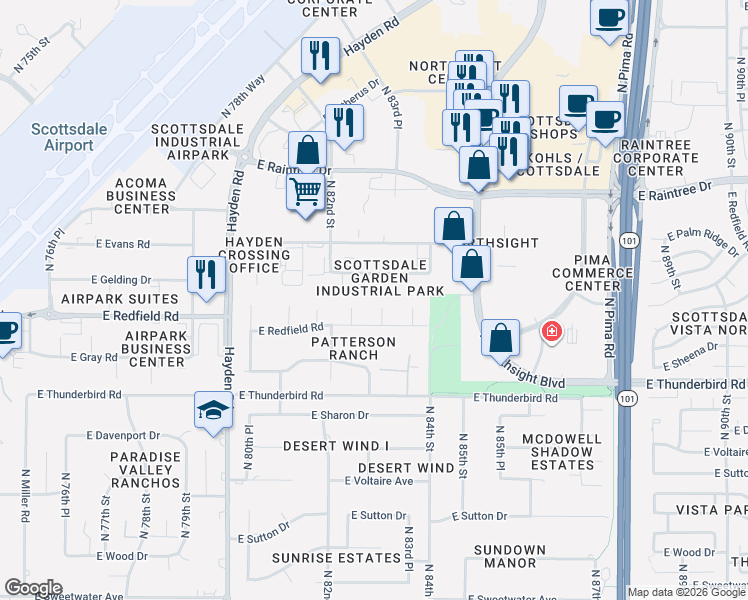 map of restaurants, bars, coffee shops, grocery stores, and more near 8321 East Gelding Drive in Scottsdale