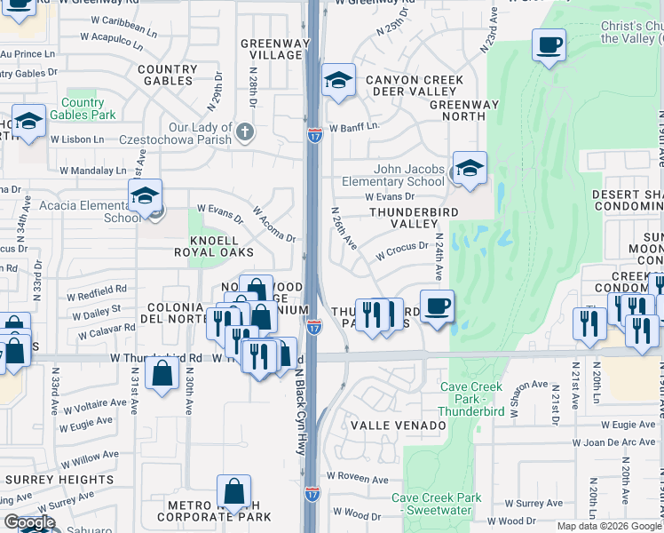 map of restaurants, bars, coffee shops, grocery stores, and more near 14228 North 26th Lane in Phoenix