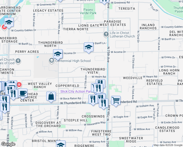 map of restaurants, bars, coffee shops, grocery stores, and more near 7632 West Crocus Drive in Peoria