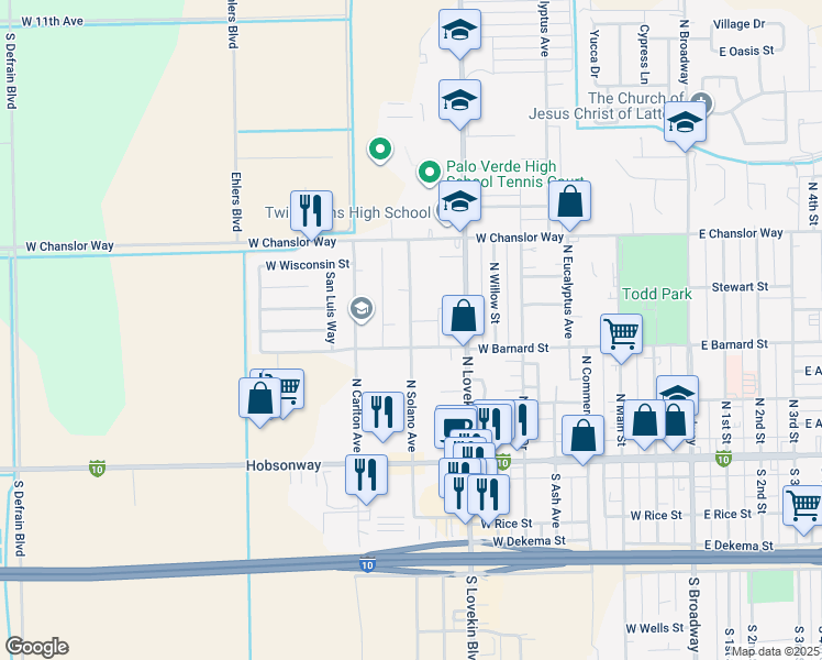 map of restaurants, bars, coffee shops, grocery stores, and more near 346 North Solano Avenue in Blythe
