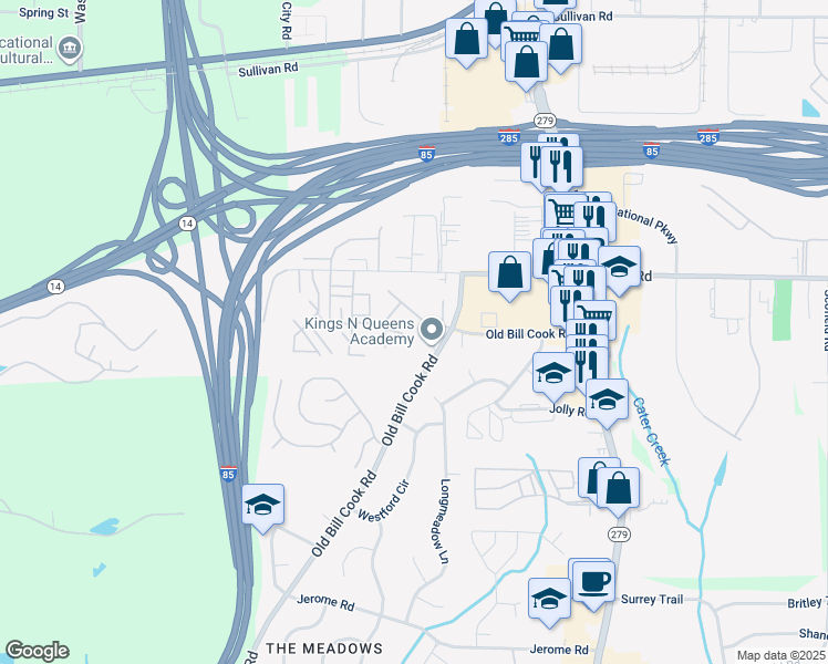 map of restaurants, bars, coffee shops, grocery stores, and more near 2729 Live Oak Trail in College Park