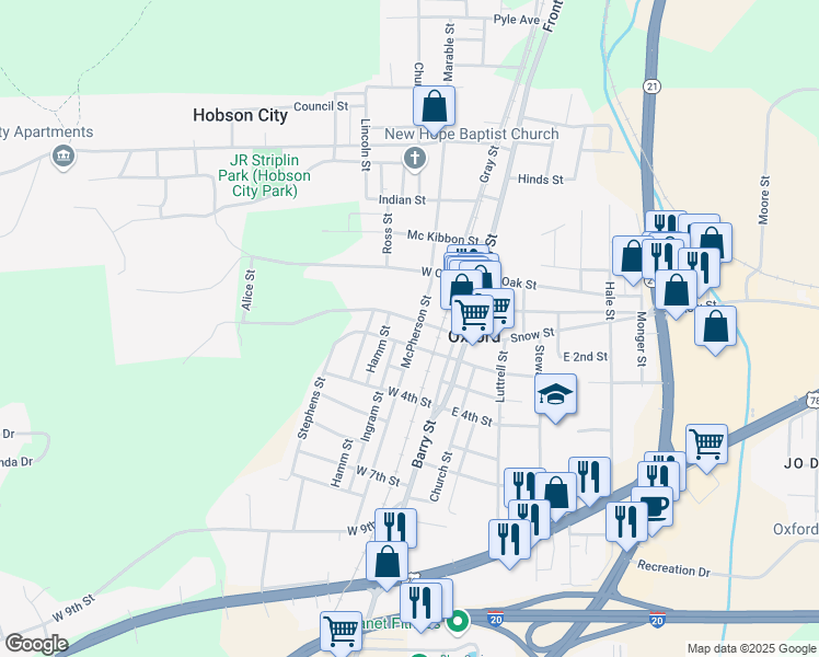 map of restaurants, bars, coffee shops, grocery stores, and more near 209 Spring Street in Oxford
