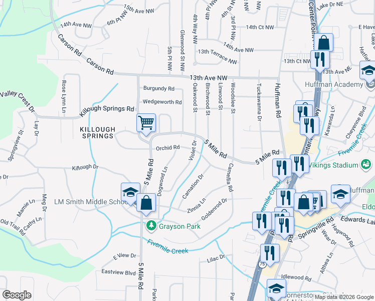 map of restaurants, bars, coffee shops, grocery stores, and more near 1301 5 Mile Road in Birmingham