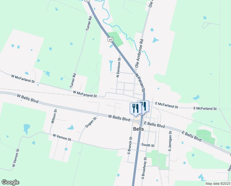 map of restaurants, bars, coffee shops, grocery stores, and more near 502 North Denison Street in Bells