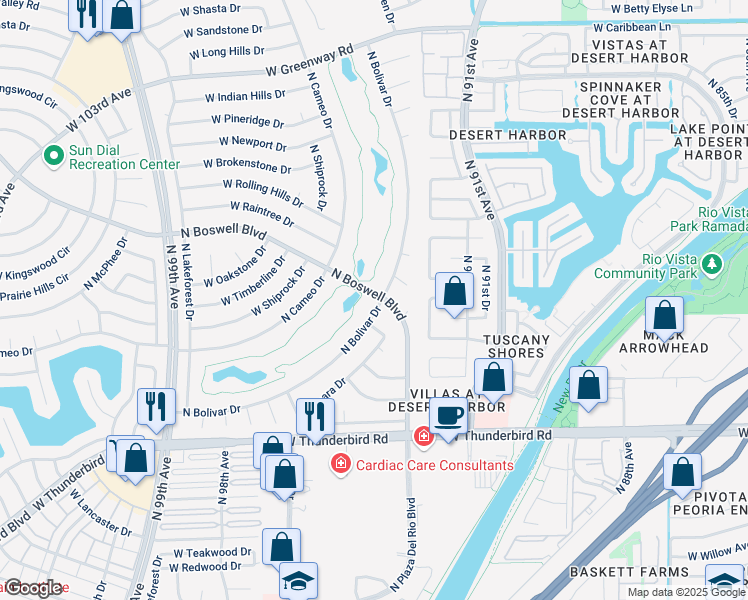 map of restaurants, bars, coffee shops, grocery stores, and more near 14606 North Bolivar Drive in Sun City